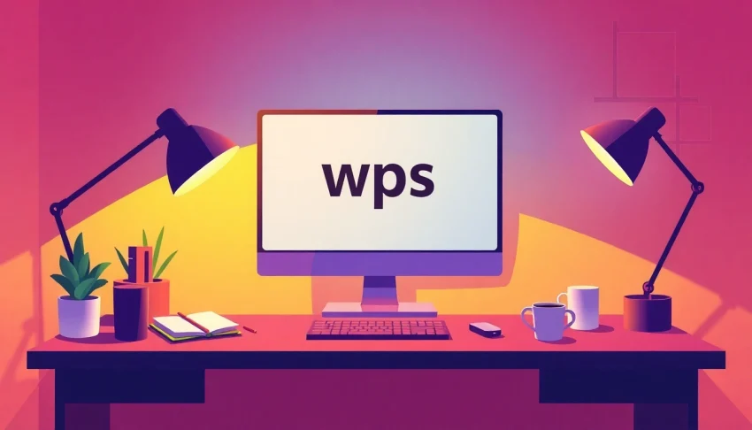Working on wps中文版 in a modern office with vibrant colors and inviting atmosphere.