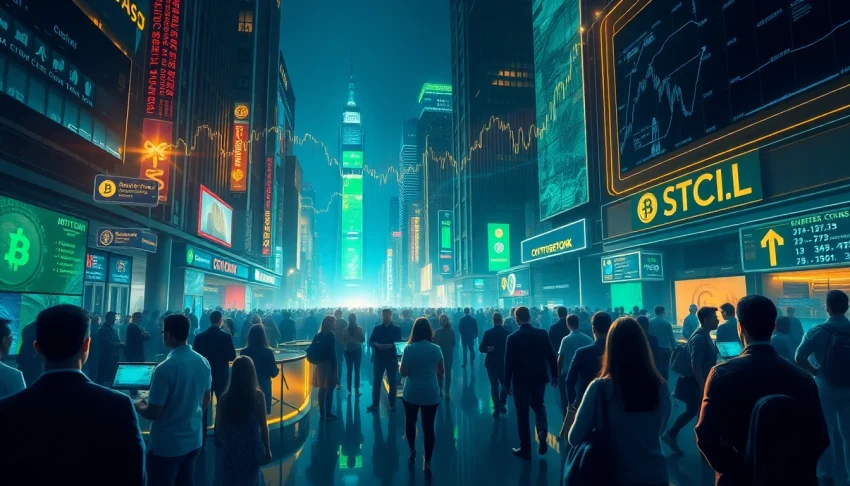 Visualize experts exploring revolutionary Crypto transactions in a neon-lit cityscape.