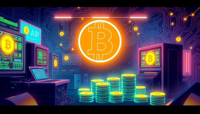 Engage with the world of Bitcoin mining through a vivid illustration showcasing advanced mining rigs and digital assets.