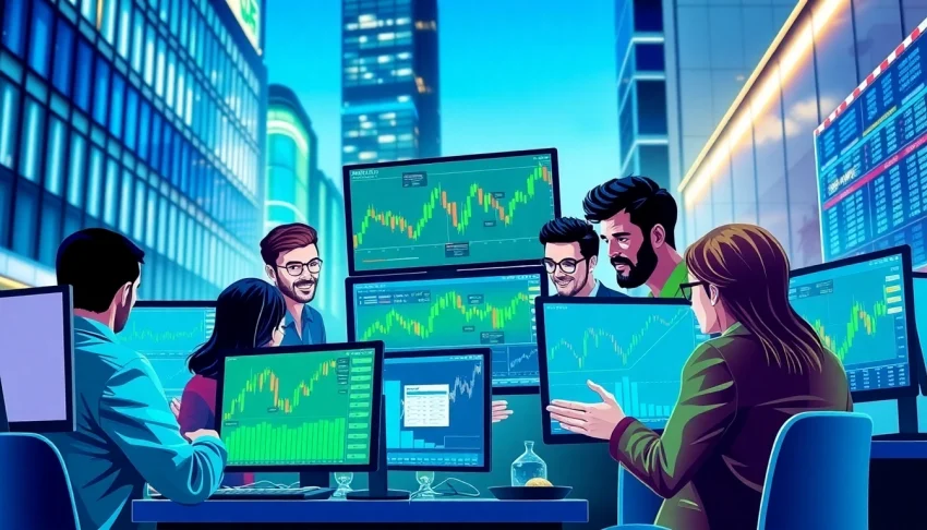 Experience engaging Tradings activities illustrated with diverse traders and market graphs.