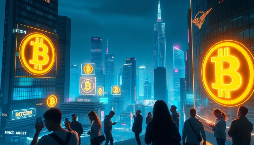 Explore the vibrant cityscape reflecting Bitcoin innovation through neon lights and diverse people engaging with cryptocurrency.